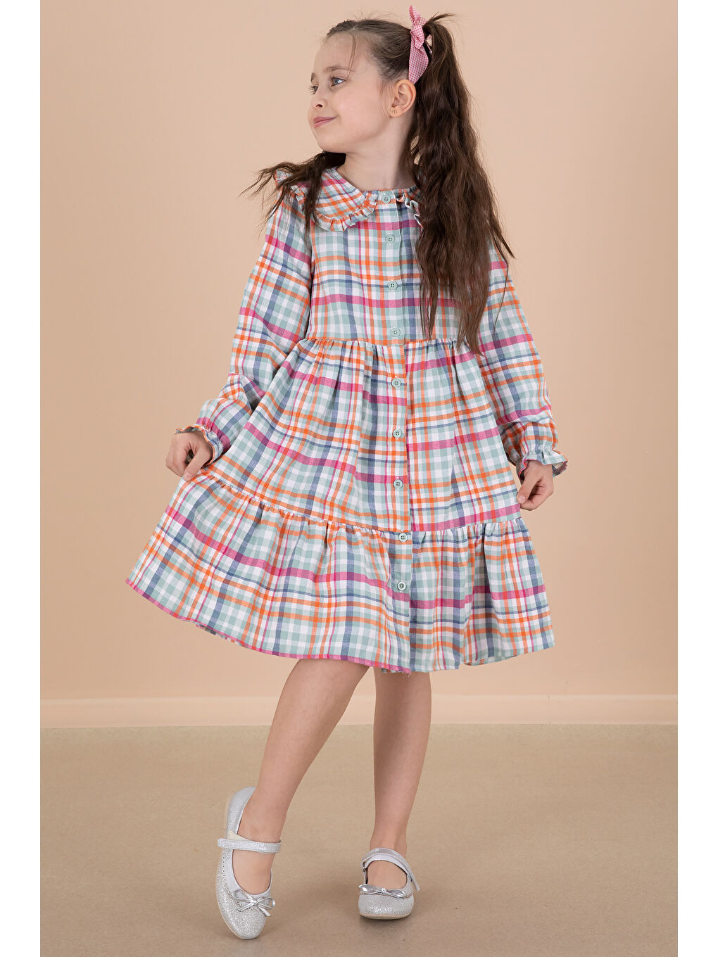 Yeşil Ekose Desenli Düğme Kapamalı Uzun Kol Kız Çocuk Elbise 20166