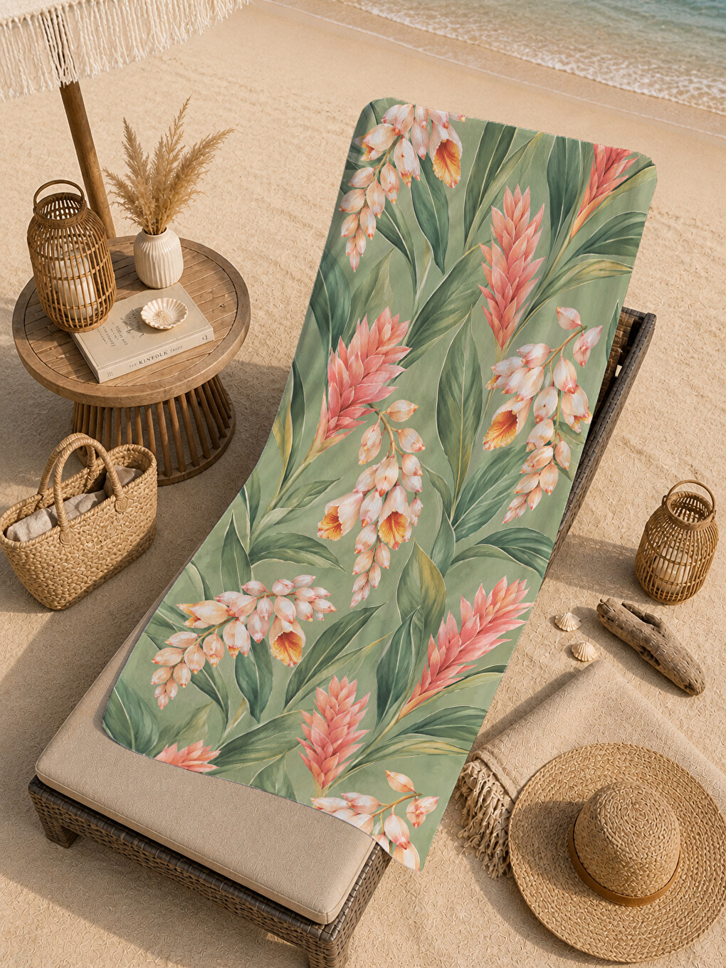 Yeşil Pastel Adaçayı Küçük Çiçekli Botanik Desenli 70x150 Plaj Havlusu - Dijital Baskılı Banyo Havlusu-4