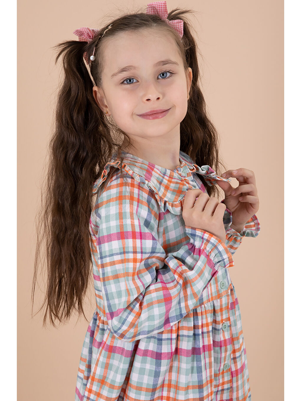 Yeşil Ekose Desenli Düğme Kapamalı Uzun Kol Kız Çocuk Elbise 20166-1