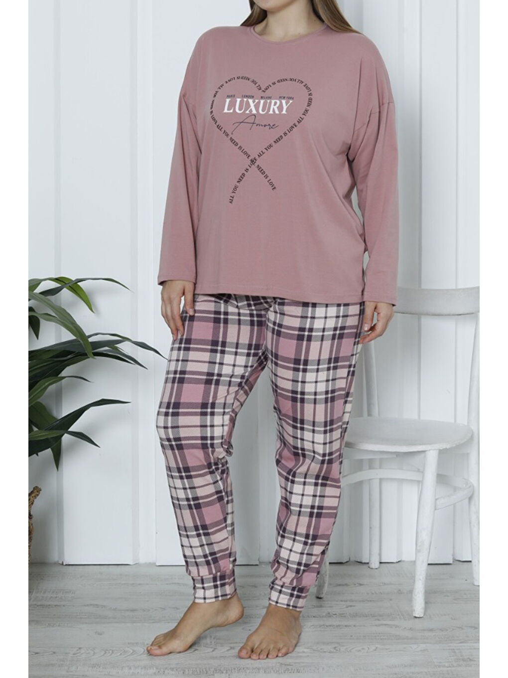 Pembe Kadın Uzun Kollu Cepli Büyük Beden Pijama Takımı Ekose Pamuklu Elastanlı GÜL KURUSU