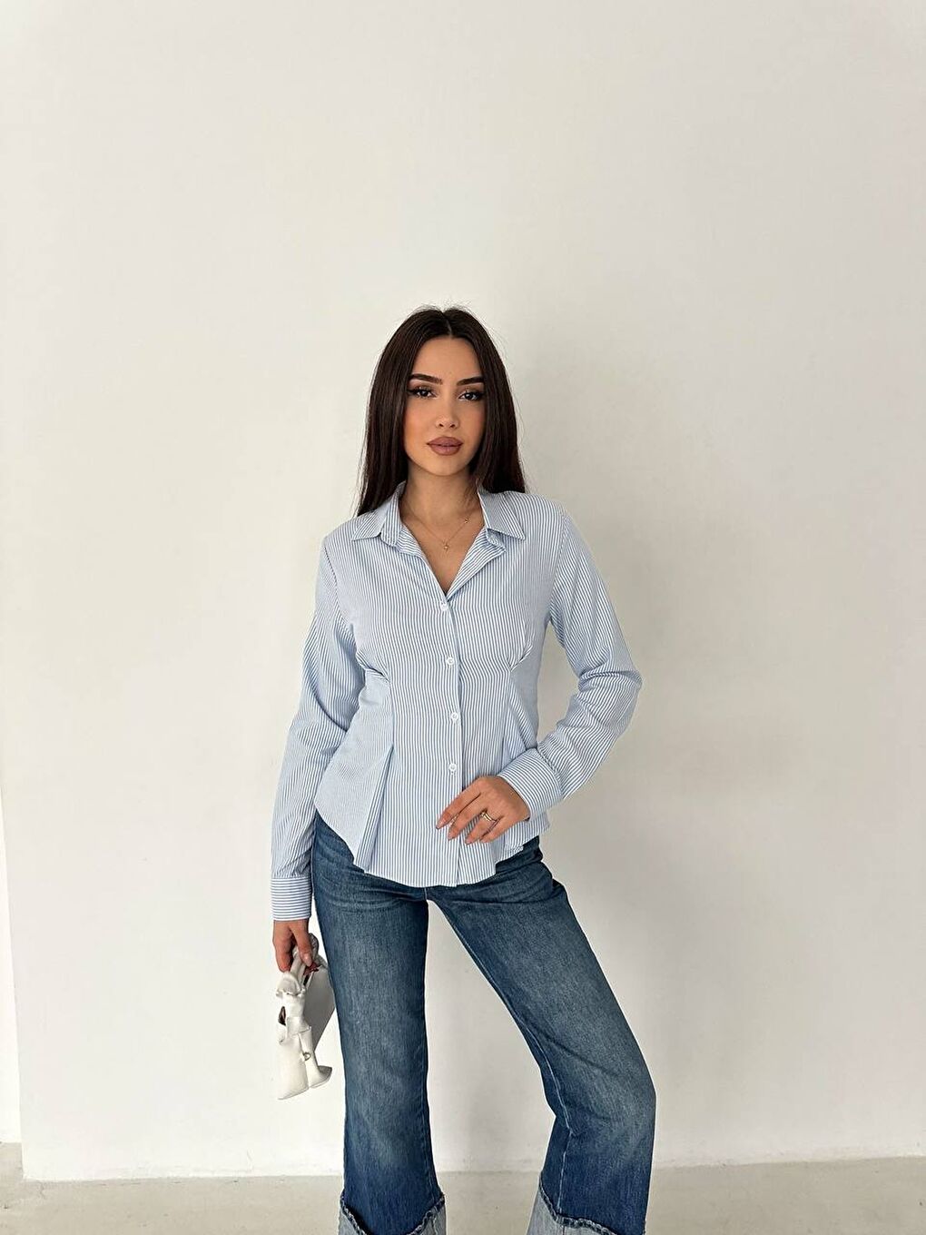 Mavi Slim Fit Düğmeli Pens Detay Çizgili Gömlek