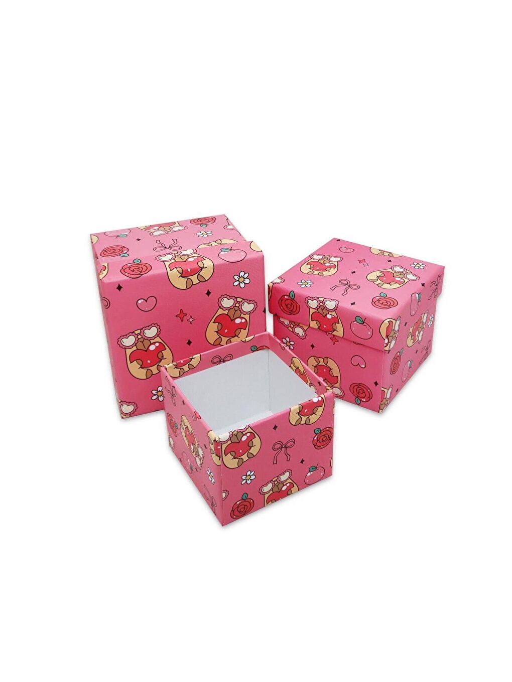 Pembe Fiyonk Desenli 3 lü Hediye Kutusu Seti Mini Kutu Seti-1