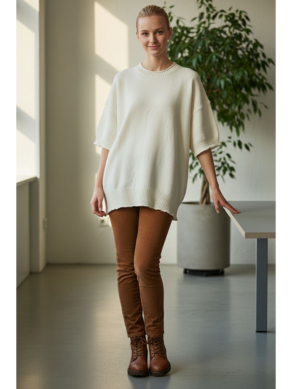 Ekru İtalyan Krem Rengi Bisiklet Yaka Kısa Kol Casual Akrilik Geniş Kesim Oversize Triko Kazak 73 65-4