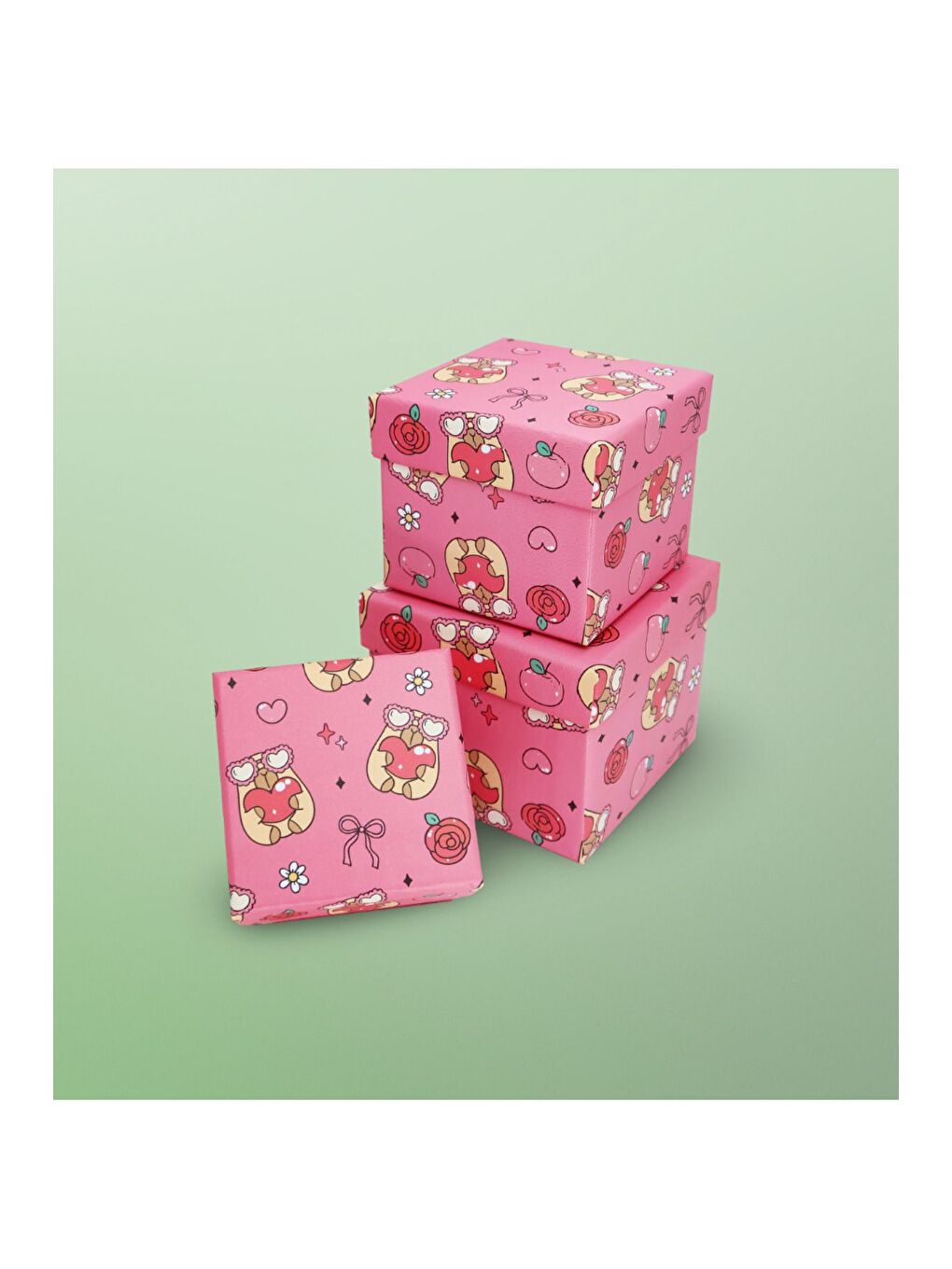 Pembe Fiyonk Desenli 3 lü Hediye Kutusu Seti Mini Kutu Seti-2
