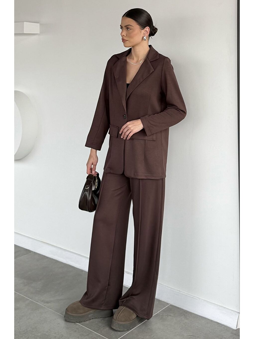 Kahverengi Kadın Tek Düğmeli Ceket Bel Lastikli Çimalı Pantolon İkili Takım-1