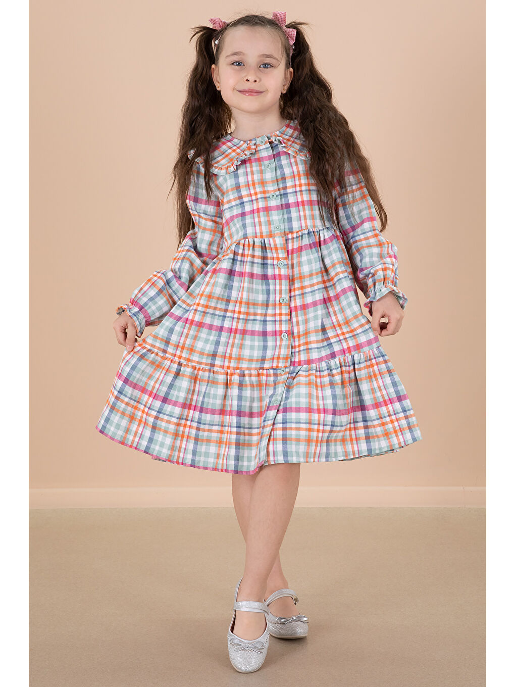 Yeşil Ekose Desenli Düğme Kapamalı Uzun Kol Kız Çocuk Elbise 20166-2