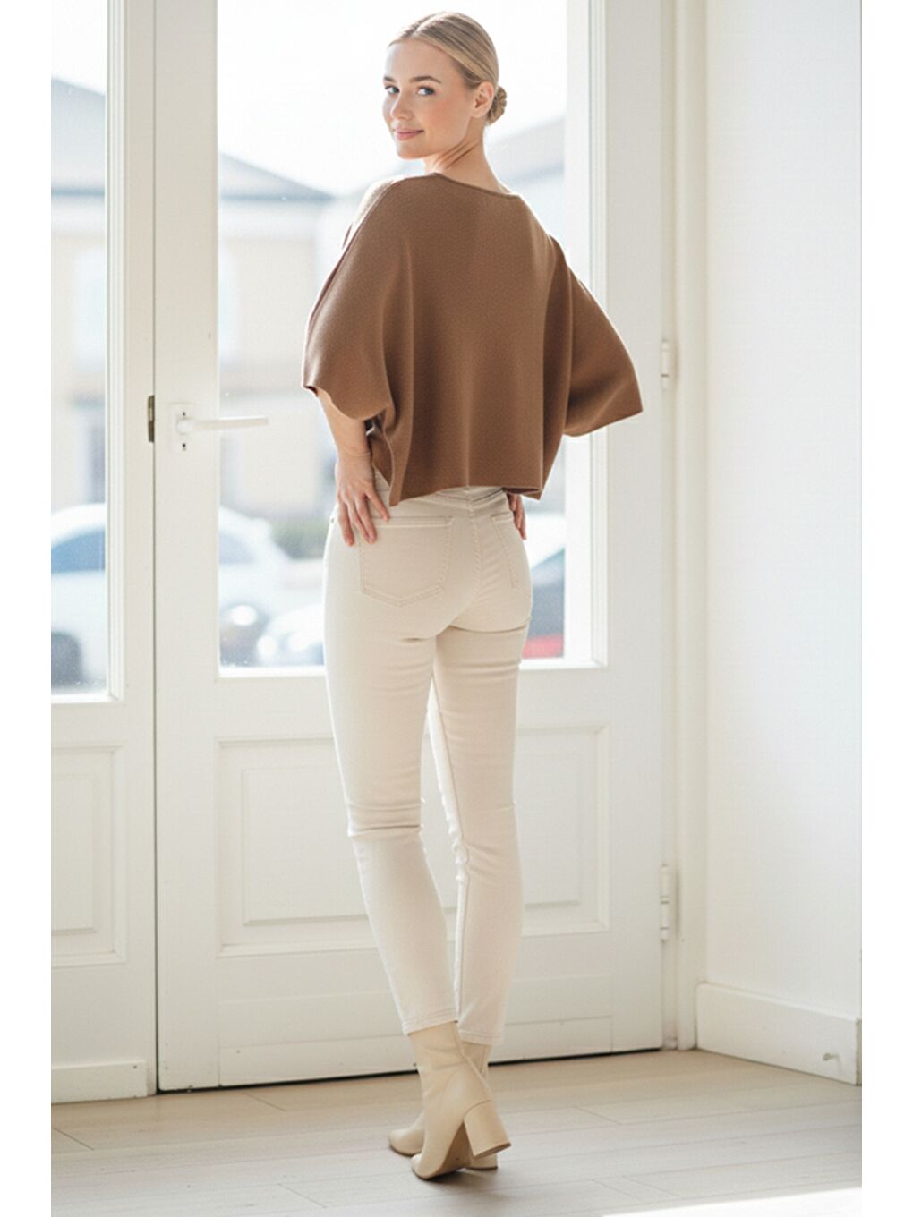 Ekru İtalyan Krem Rengi Bisiklet Yaka Kısa Kol Casual Akrilik Geniş Kesim Oversize Triko Kazak 73 65-5