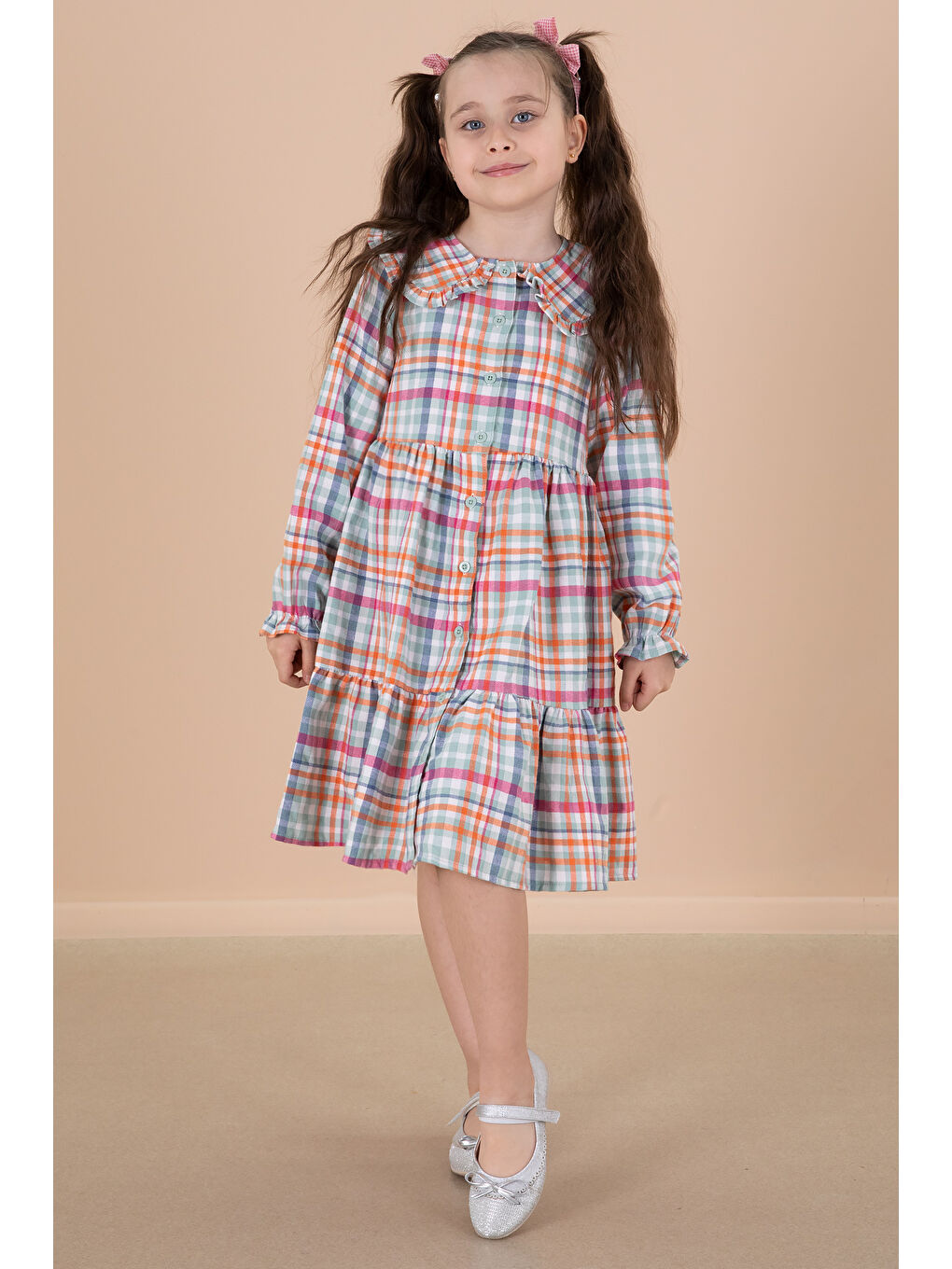 Yeşil Ekose Desenli Düğme Kapamalı Uzun Kol Kız Çocuk Elbise 20166-3