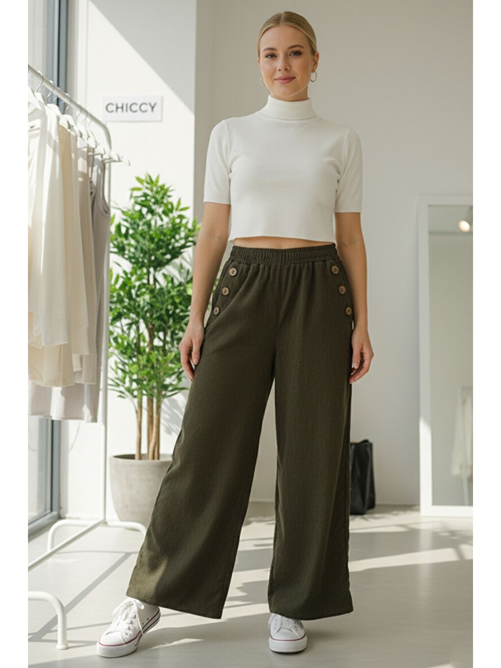 İtalyan Haki Cepli Lastikli Bel Geniş Paça İnce Fitilli Kadife Dokuma Pantolon 100 62-1