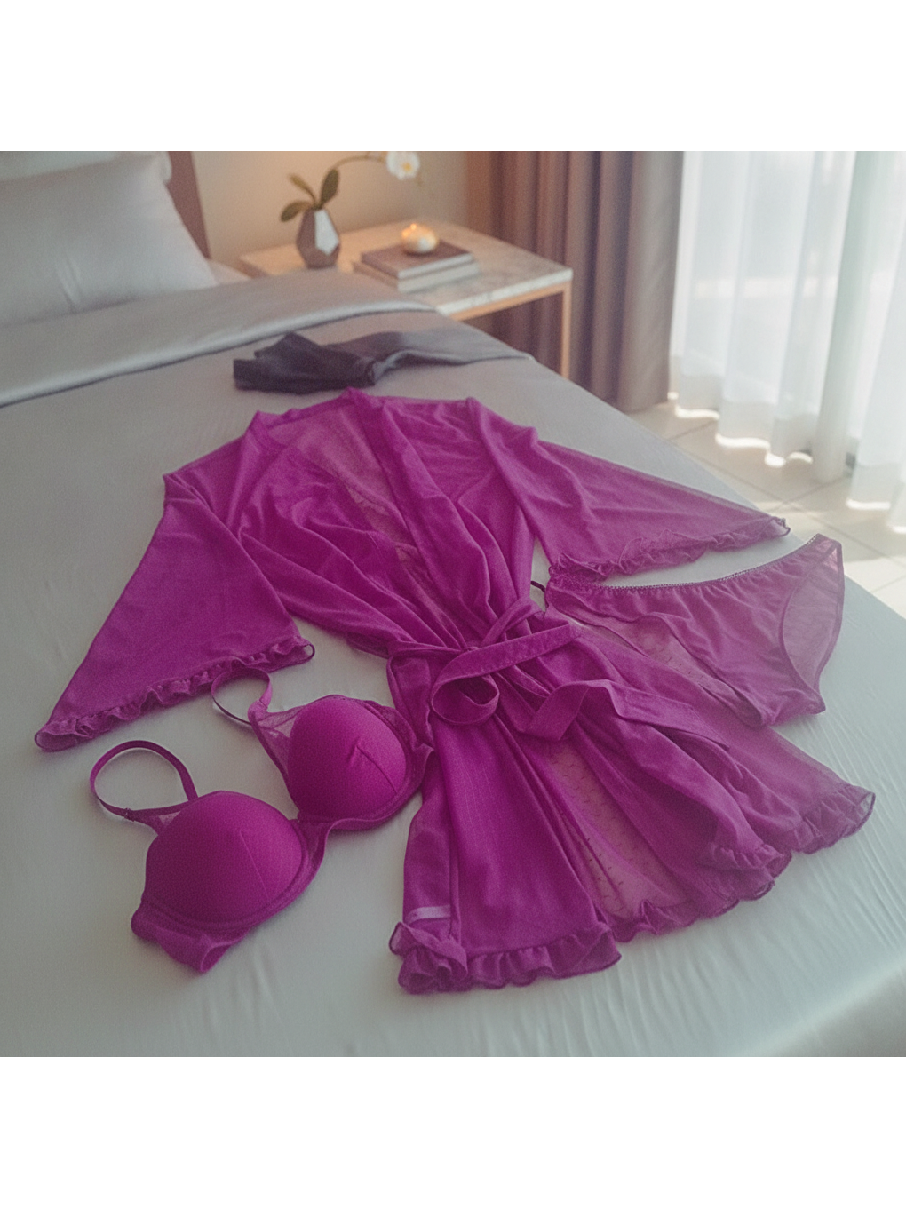 Kadın Çeyizlik Ve Bohçalık Tül Transparan Mor Renk Sütyen, Slip Ve Sabahlık 3 Lü Paket Bb2685-3