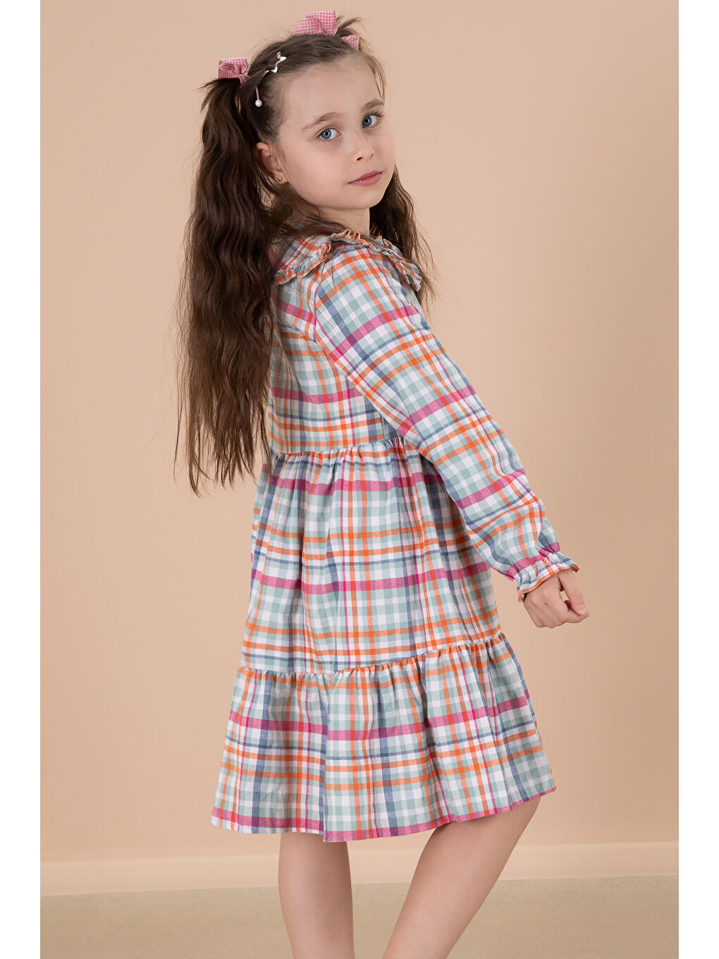 Yeşil Ekose Desenli Düğme Kapamalı Uzun Kol Kız Çocuk Elbise 20166-4