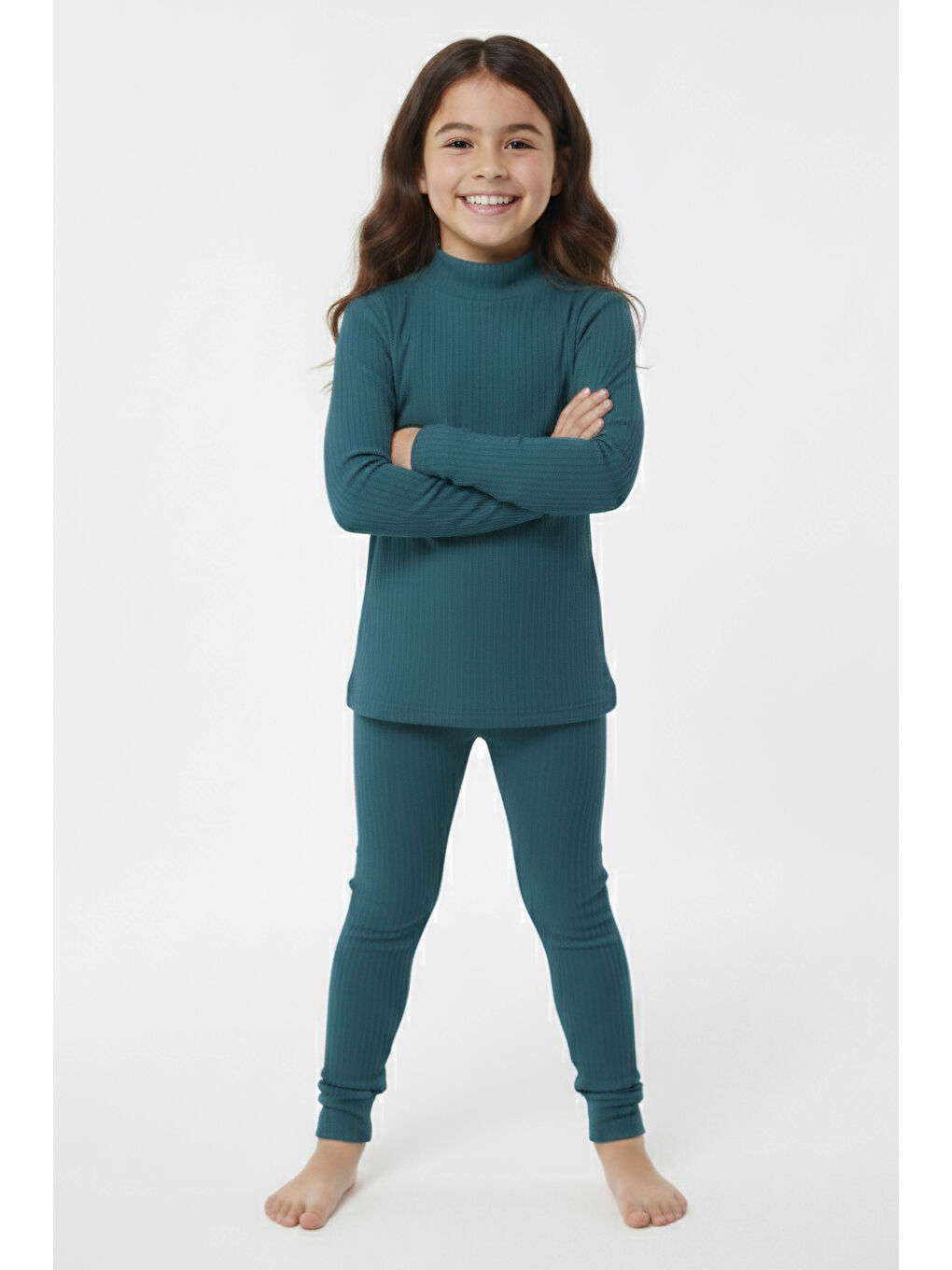 Kız Çocuk Petrol Fitilli Ribana Takım - 28104-PETROL