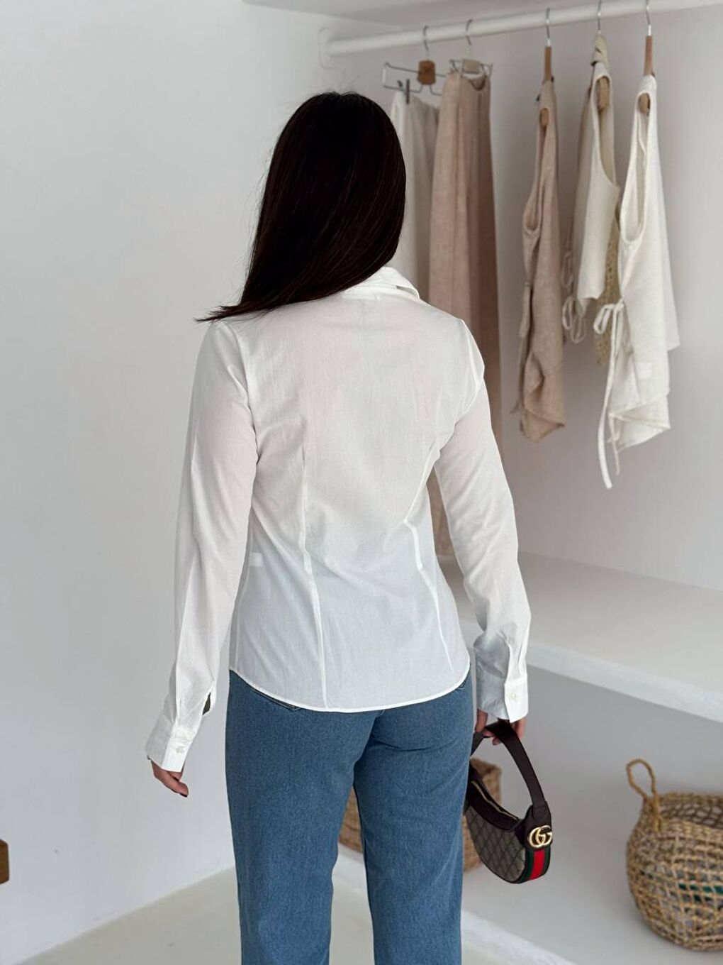 Slim Fit Düğmeli Beyaz Gömlek-4