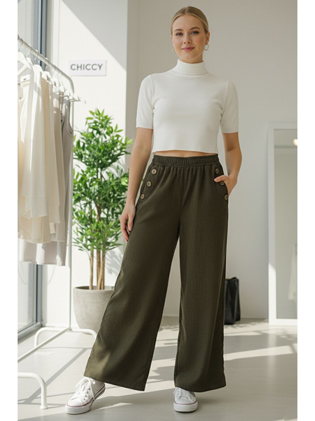 İtalyan Haki Cepli Lastikli Bel Geniş Paça İnce Fitilli Kadife Dokuma Pantolon 100 62-2