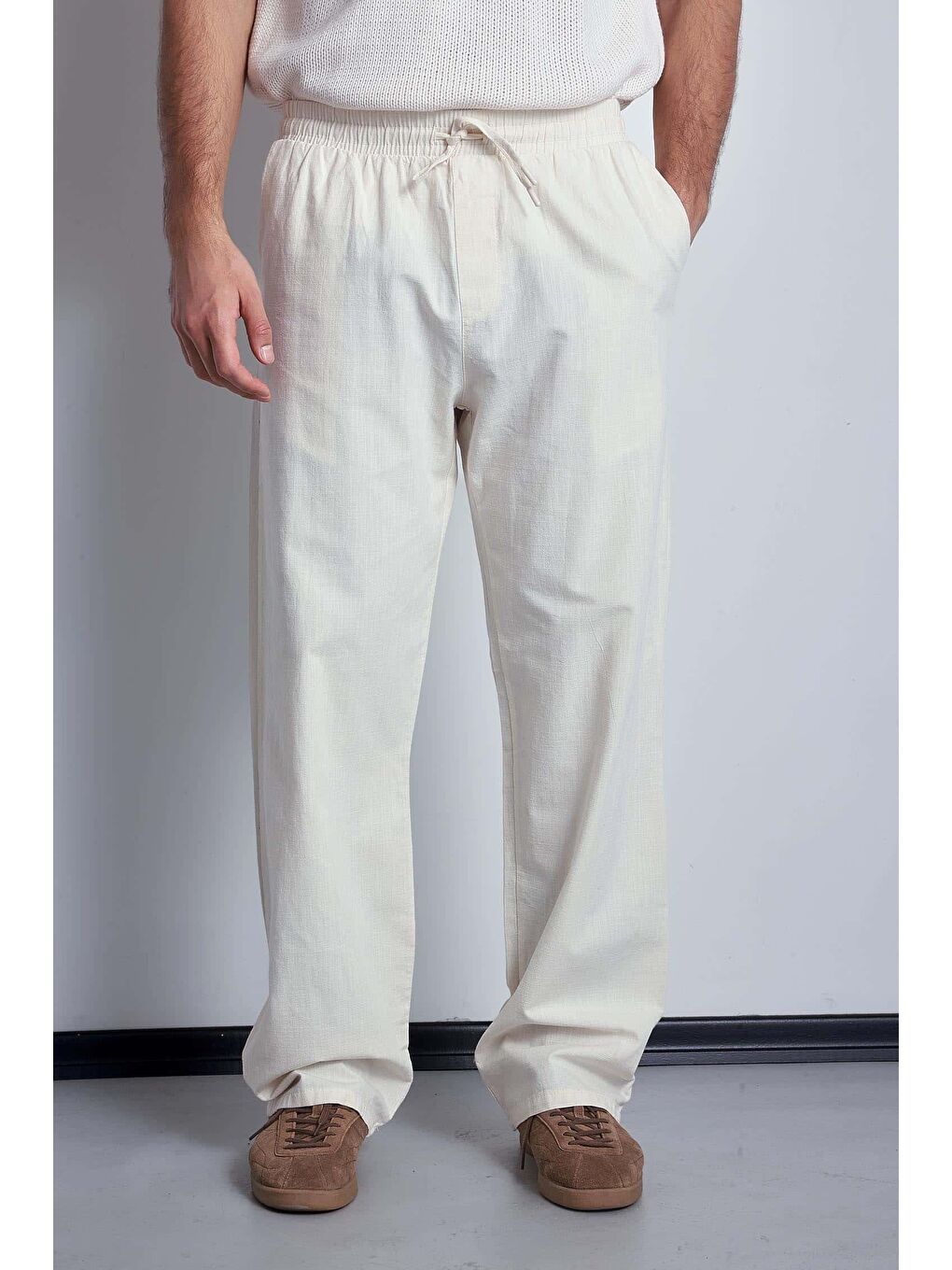 Erkek Keten Görünümlü Beli Lastikli Baggy Pantolon Bej