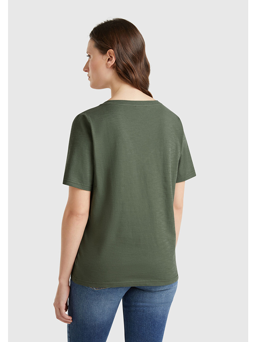 Kadın Haki  100 Pamuk V Yaka Slub T Shirt-2