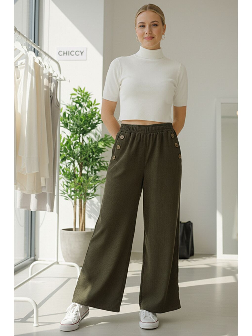 İtalyan Haki Cepli Lastikli Bel Geniş Paça İnce Fitilli Kadife Dokuma Pantolon 100 62-3