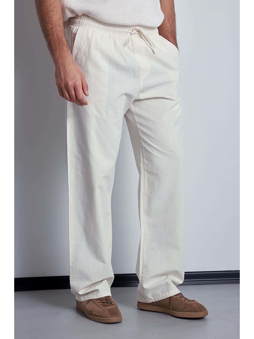 Erkek Keten Görünümlü Beli Lastikli Baggy Pantolon Bej-1