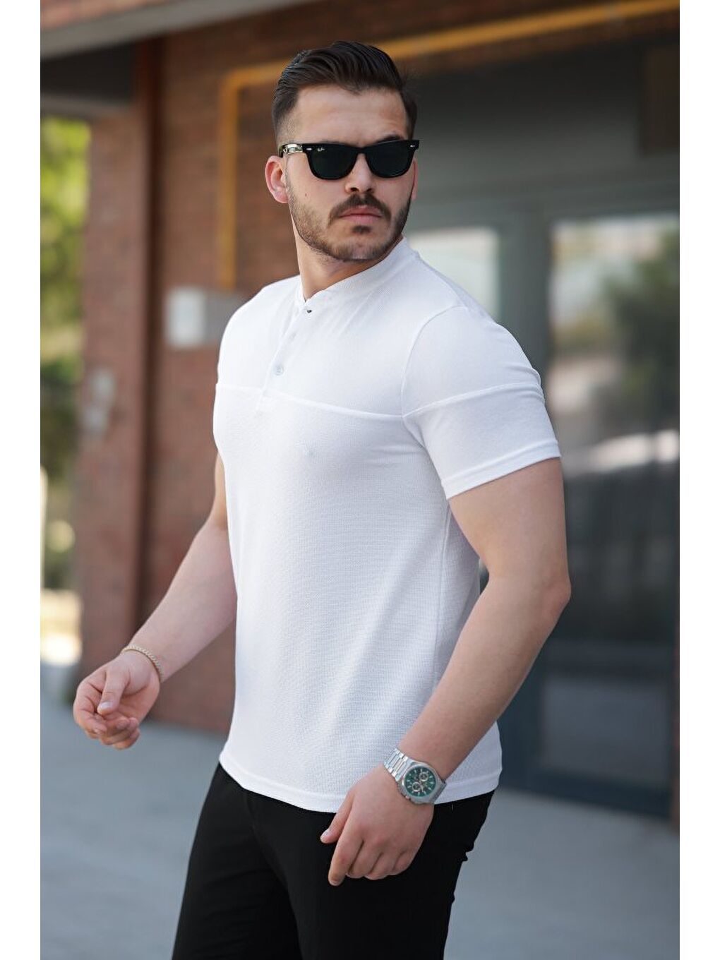 Beyaz Erkek Hakim Yakalı Kısa Kollu Pamuklu T-shirt-1