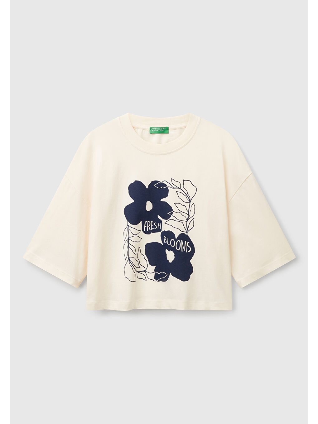 United Colors Of Benetton Ekru Kadın Krem 100 Pamuk Çiçek Desenli Boxy Fit T Shirt - 1
