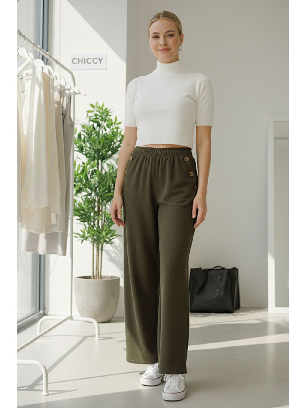 İtalyan Haki Cepli Lastikli Bel Geniş Paça İnce Fitilli Kadife Dokuma Pantolon 100 62-4