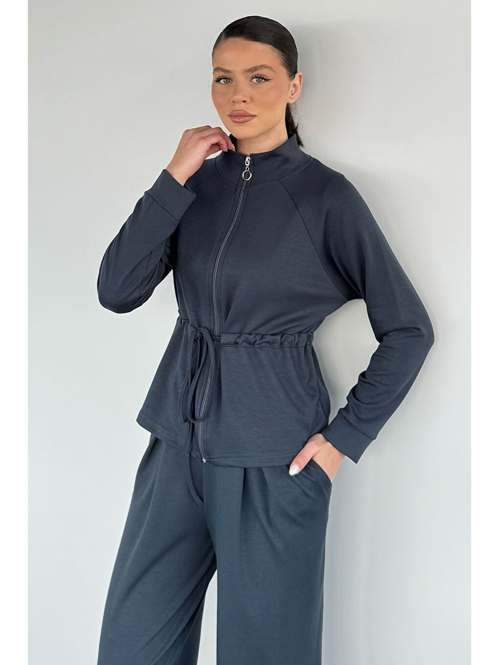 Gri Kadın Bel Büzgülü Kemerli Sweat Pantolon İkili Takım-3