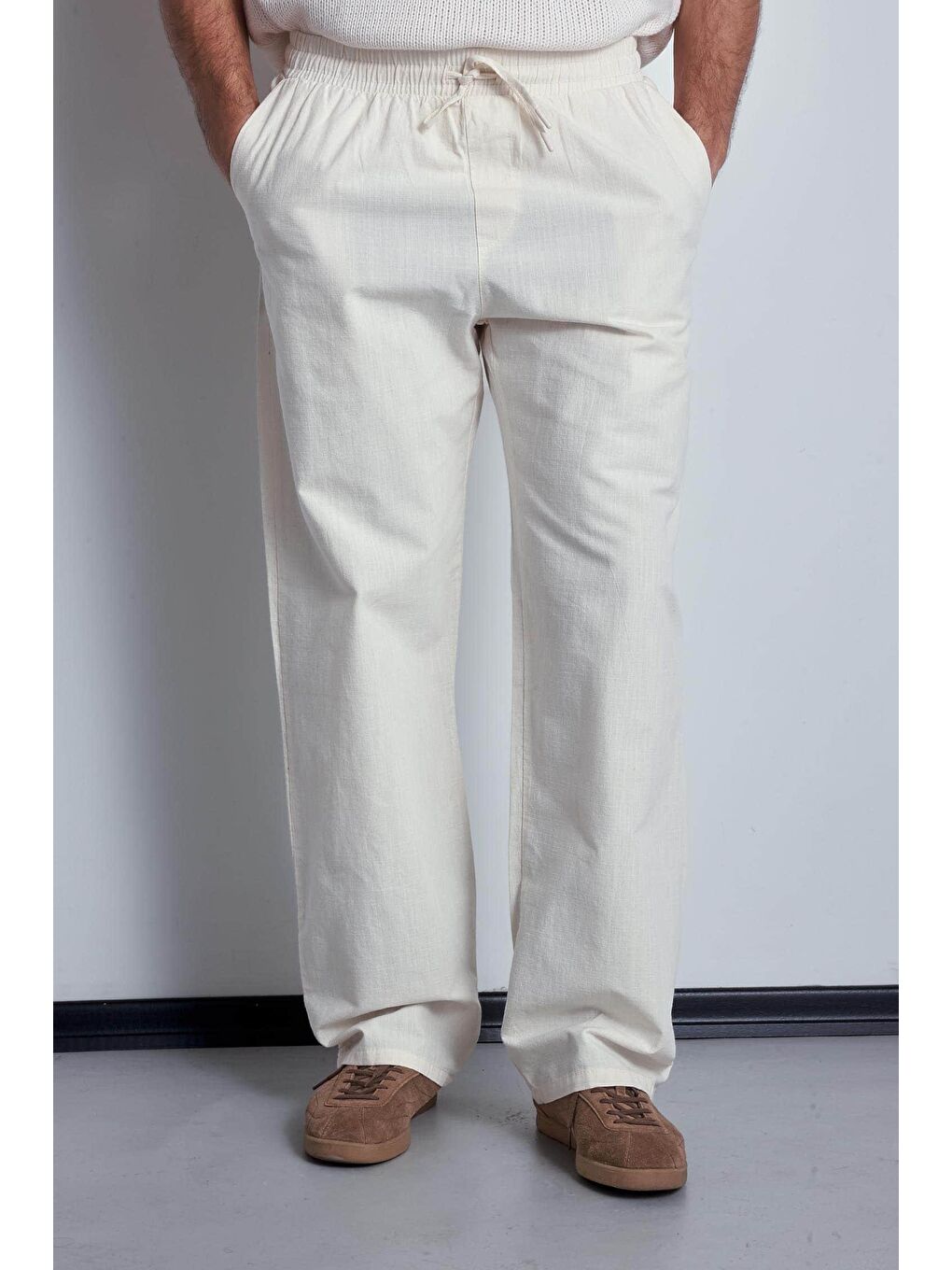 Erkek Keten Görünümlü Beli Lastikli Baggy Pantolon Bej-2