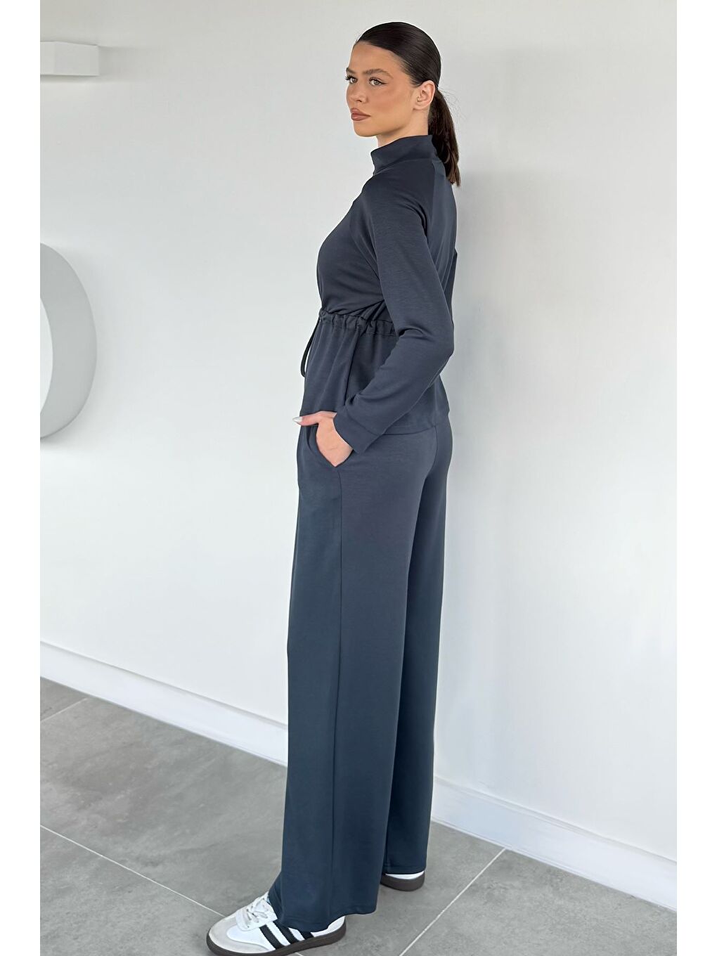 Gri Kadın Bel Büzgülü Kemerli Sweat Pantolon İkili Takım-4