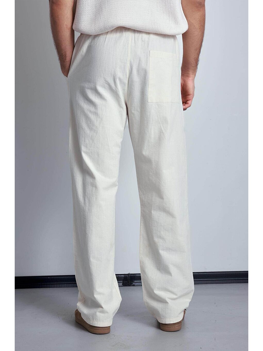 Erkek Keten Görünümlü Beli Lastikli Baggy Pantolon Bej-3