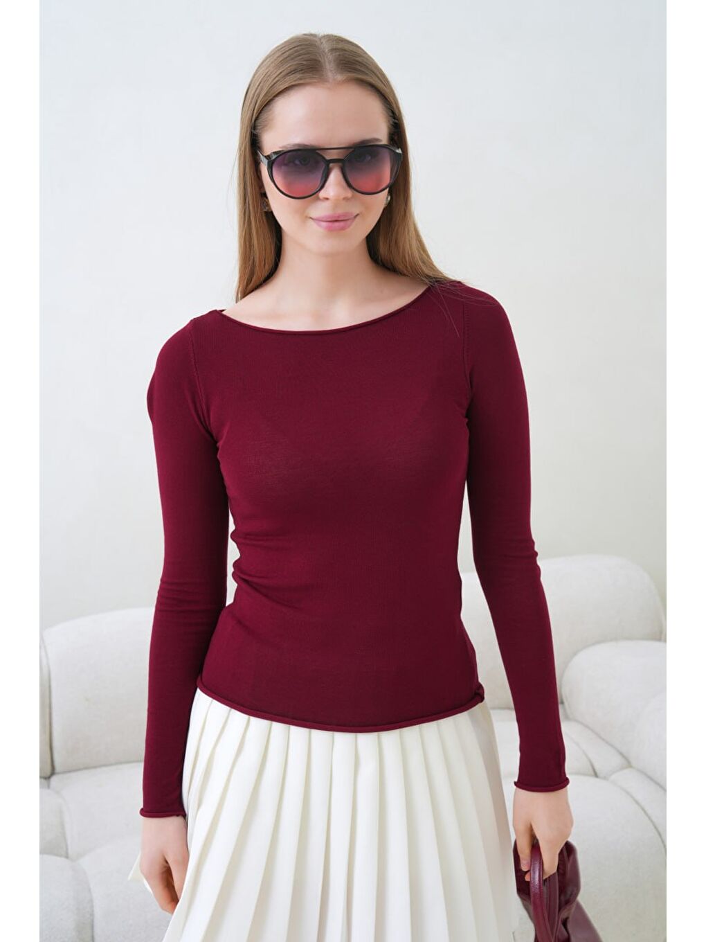 Kadın Bisiklet Yaka Uzun Kollu Basic Bluz Bordo