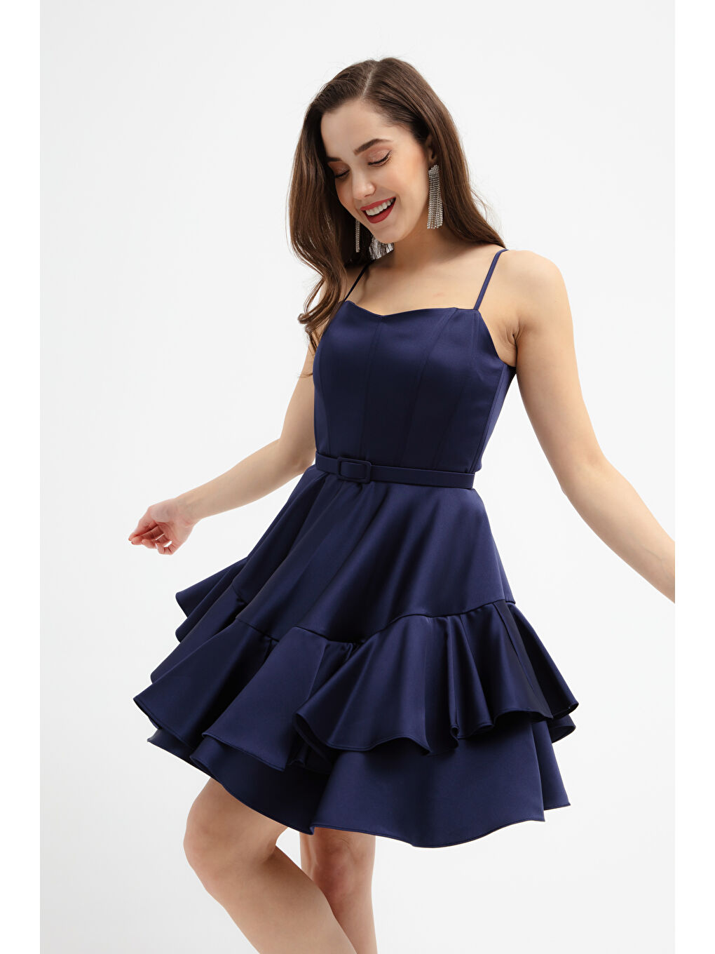 Kadın Lacivert İnce Askılı Kemerli Kısa Saten Mezuniyet Abiye Elbise-2