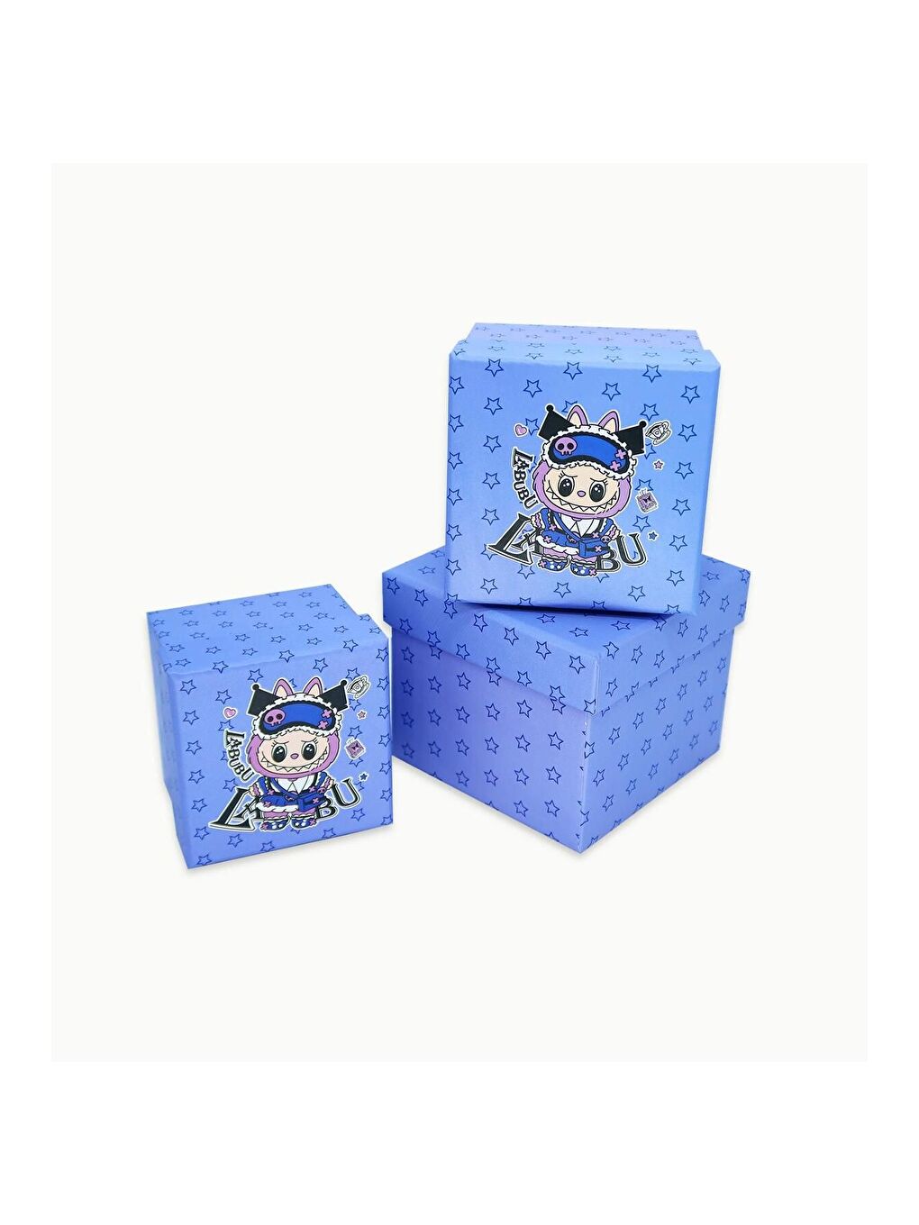 Mavi Labubu Seri  2 Desenli 3 lü Hediye  Kutusu Seti   Mini Kutu Seti