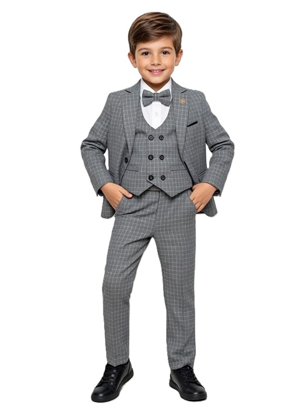 Gri Kiryos Erkek Çocuk Kareli Takım Elbise M00806-2