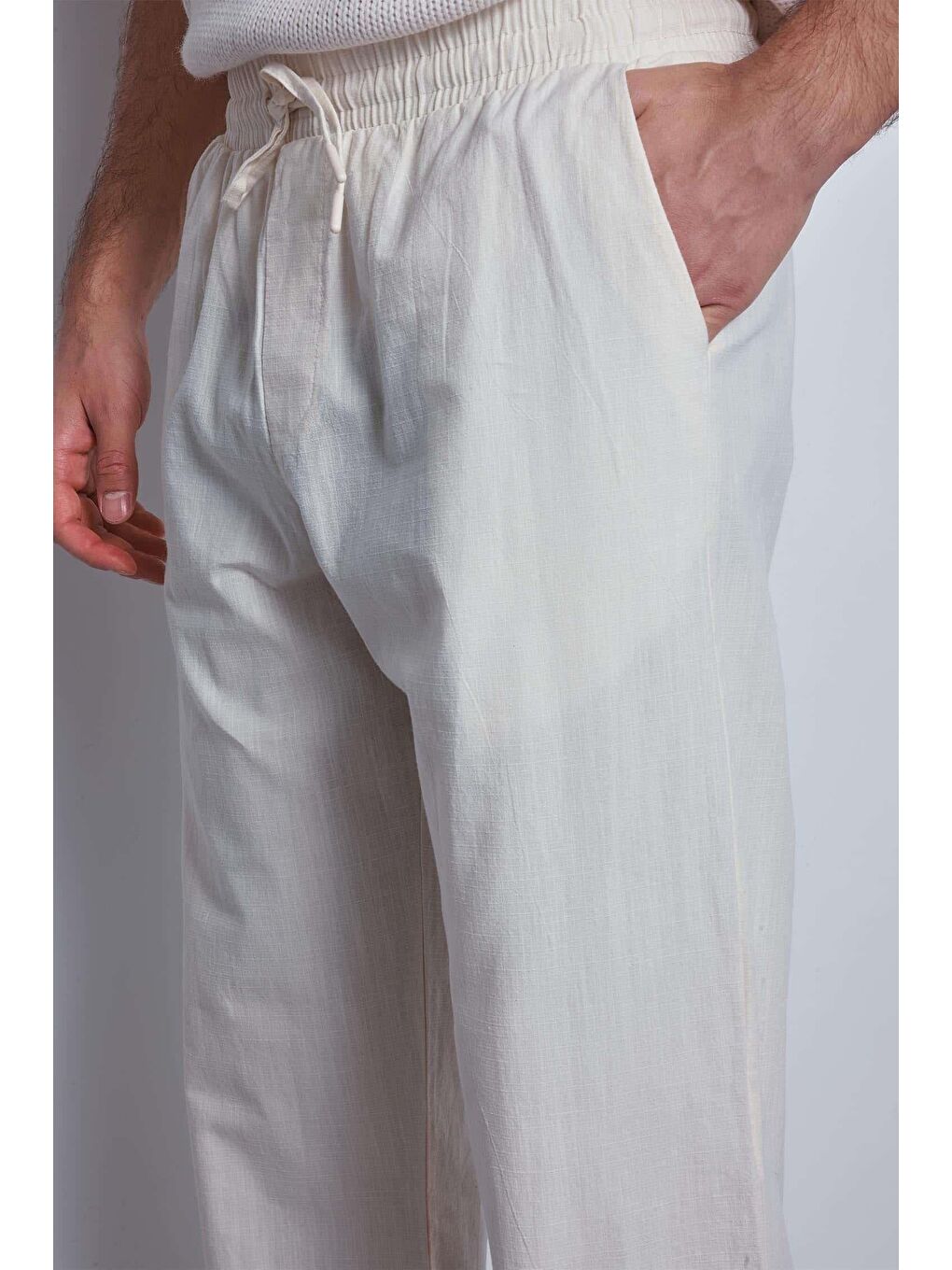 Erkek Keten Görünümlü Beli Lastikli Baggy Pantolon Bej-4