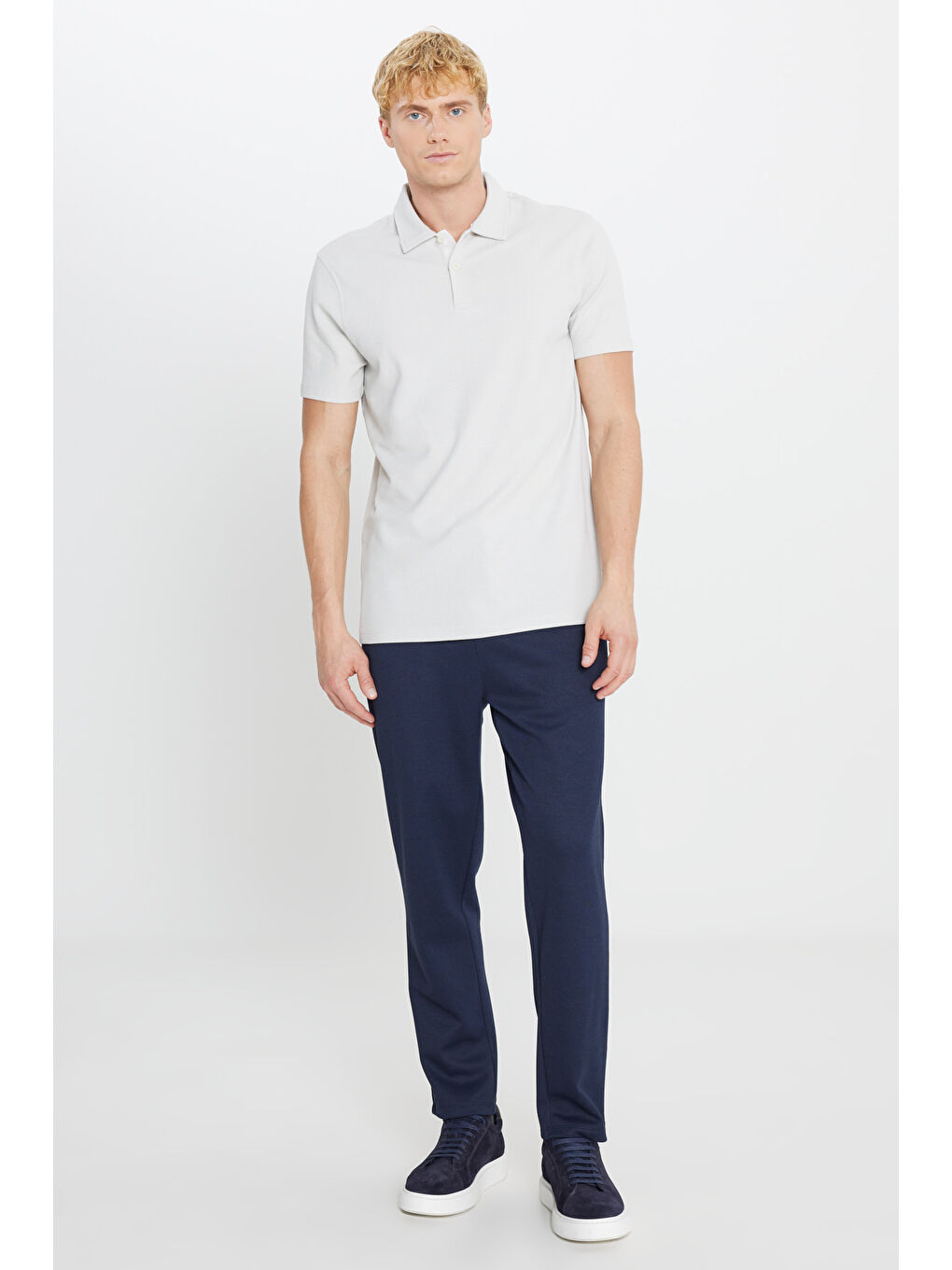 Erkek Ekru %100 Pamuk Slim Fit Dar Kesim Polo Yaka Jakarlı Tişört-1