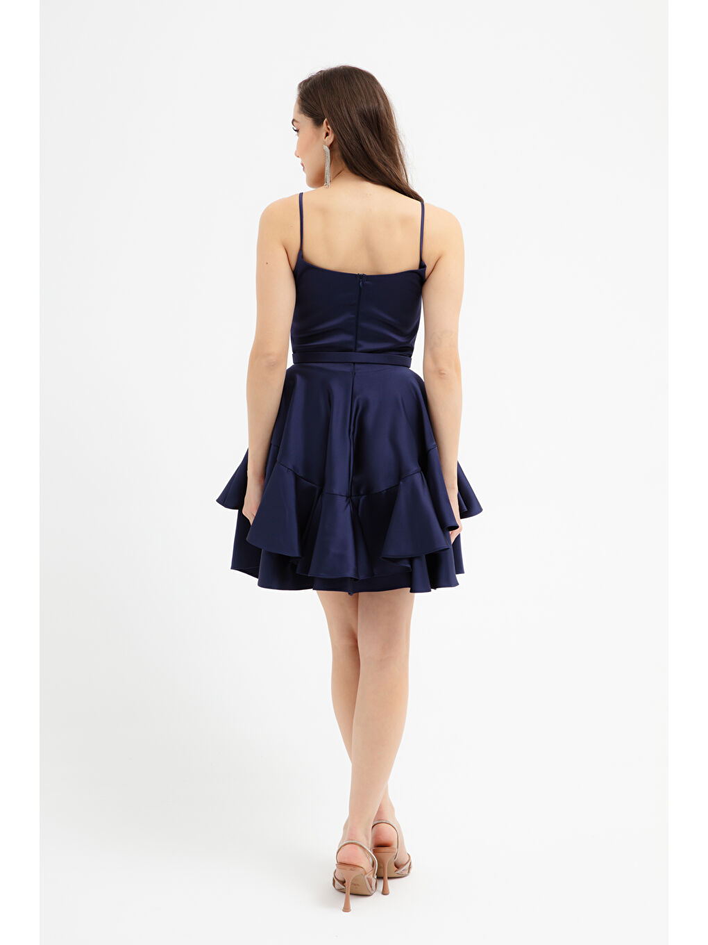 Kadın Lacivert İnce Askılı Kemerli Kısa Saten Mezuniyet Abiye Elbise-4