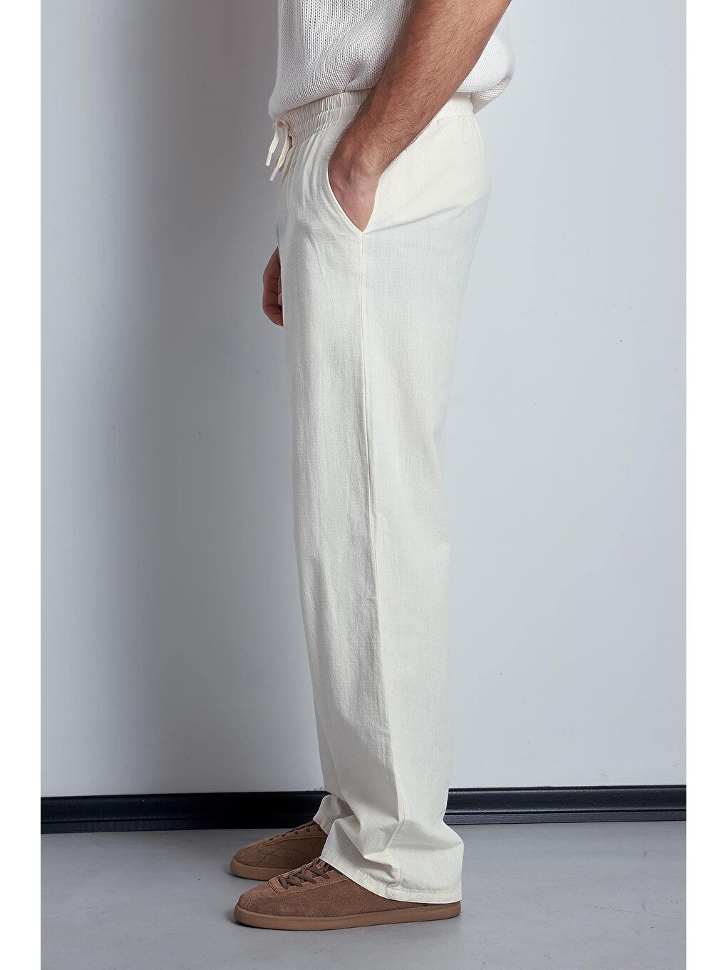 Erkek Keten Görünümlü Beli Lastikli Baggy Pantolon Bej-5