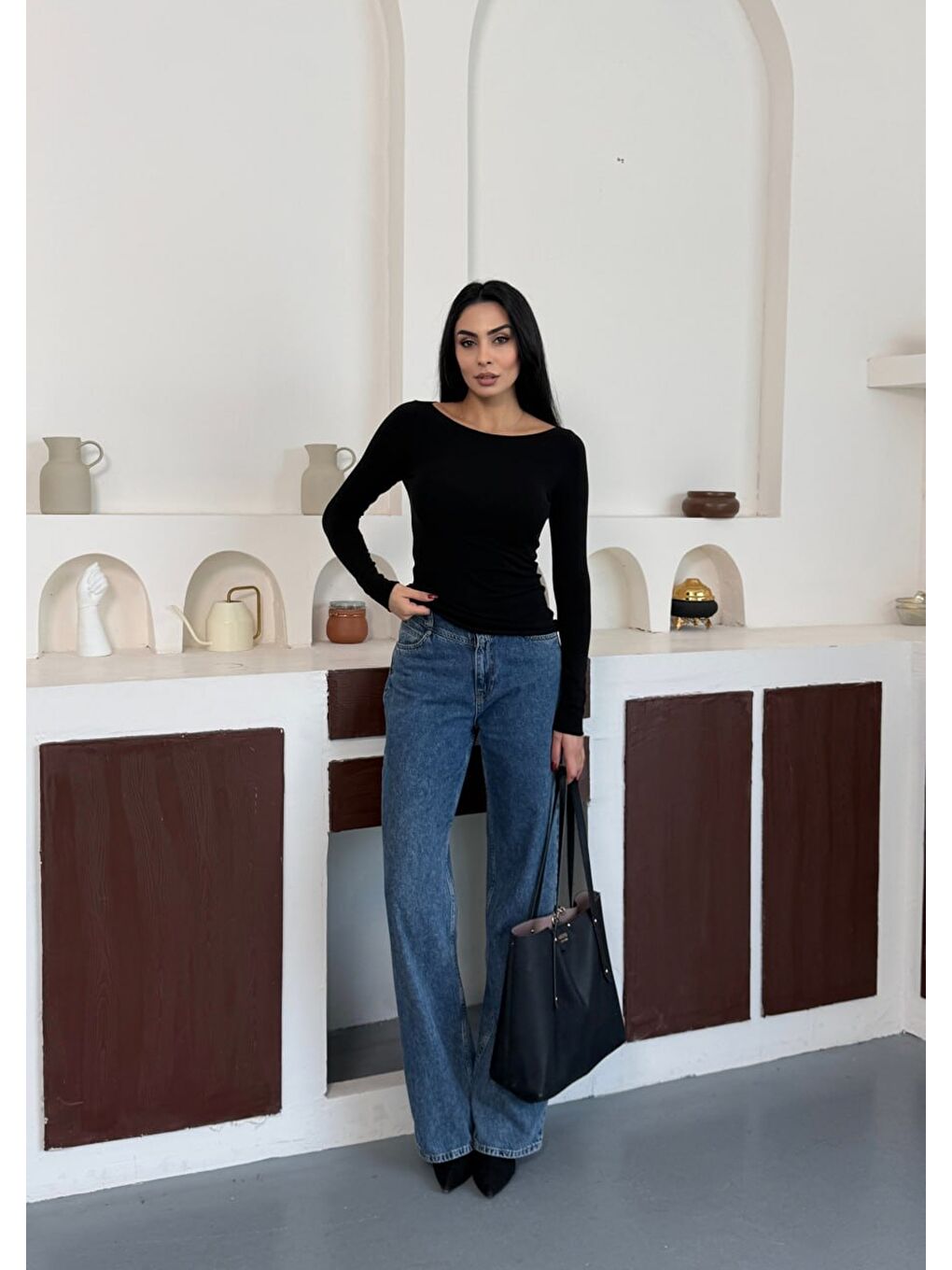 Kadın Bisiklet Yaka Uzun Kollu Basic Bluz Siyah-1