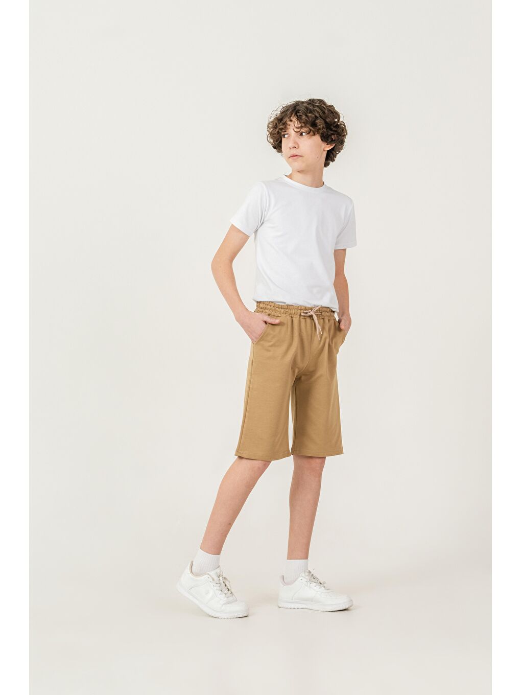 Kahverengi Düz Basic 2 İp Erkek Çocuk Şort-1