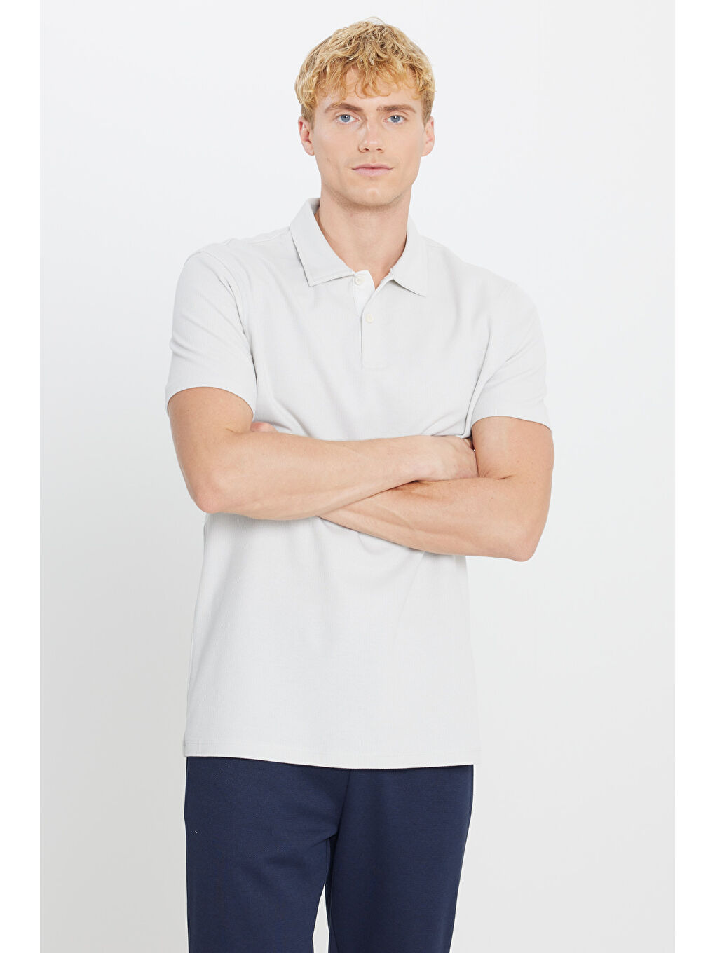 Erkek Ekru %100 Pamuk Slim Fit Dar Kesim Polo Yaka Jakarlı Tişört-2