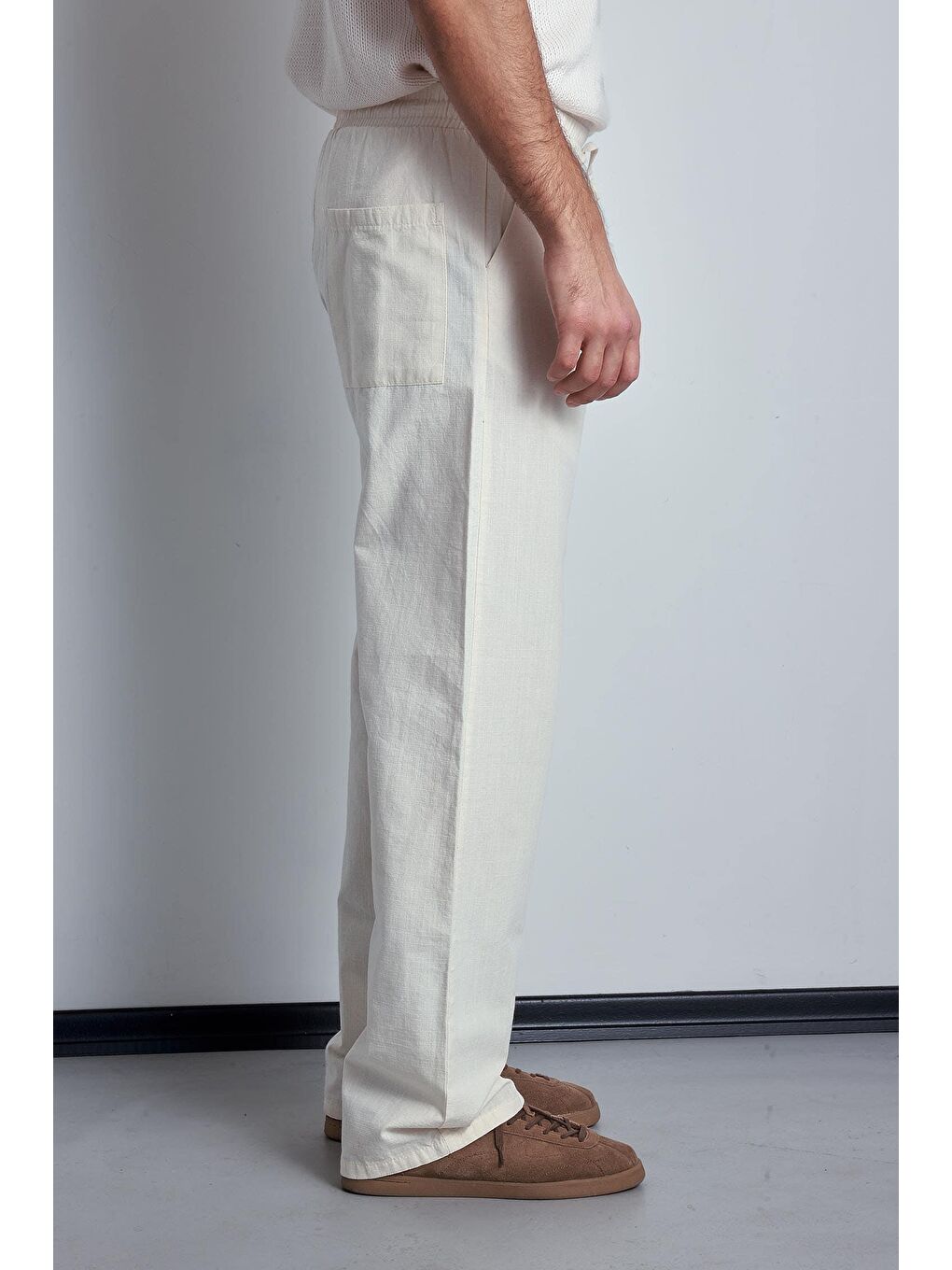 Erkek Keten Görünümlü Beli Lastikli Baggy Pantolon Bej-6