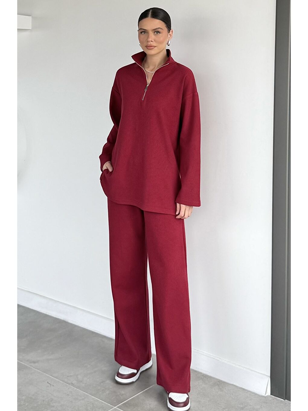 Bordo Kadın Polo Yaka Selanik Kumaş Sweat Bel Lastikli Pantolon İkili Takım-1