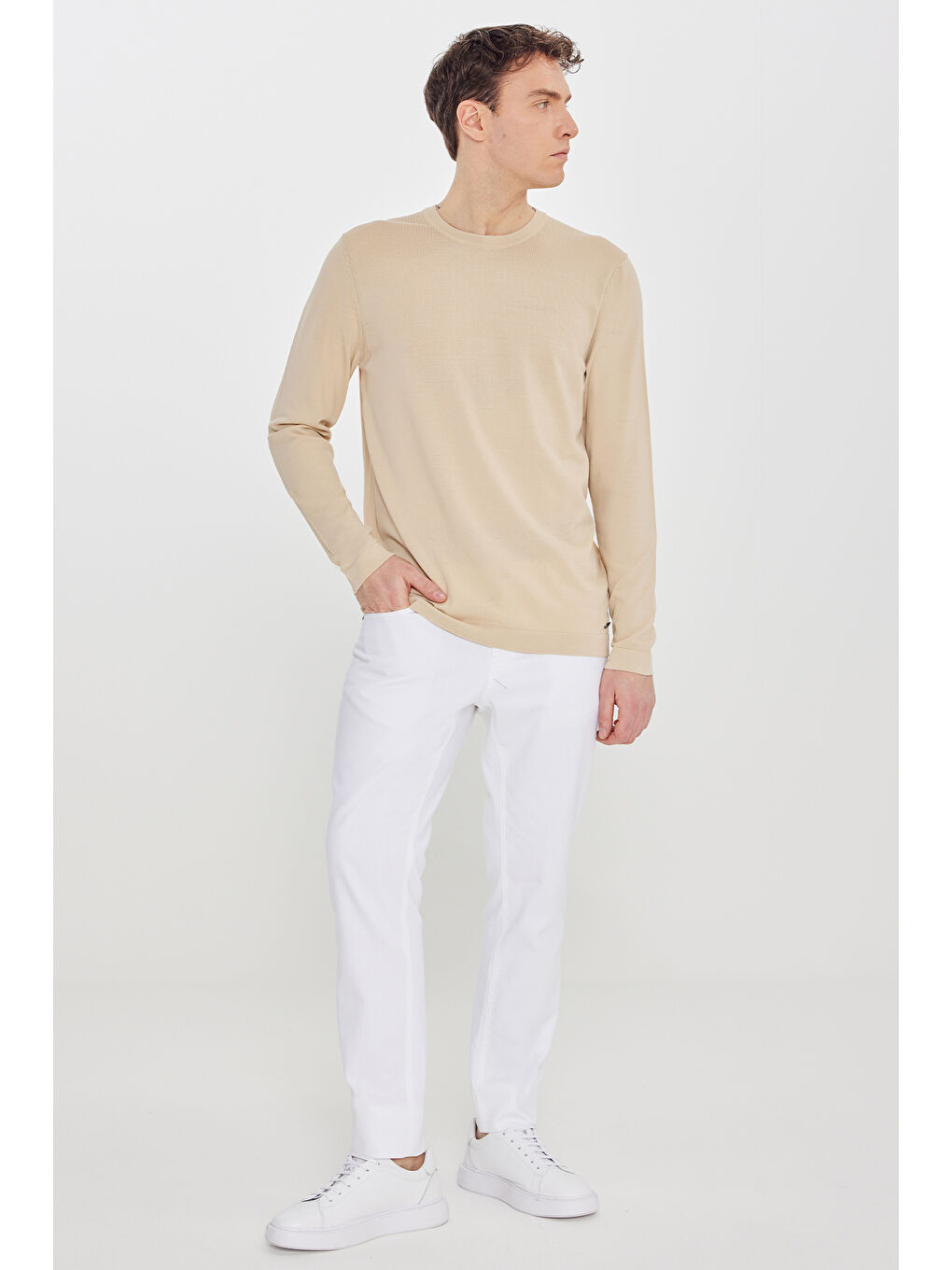 Erkek Bej Standart Fit Normal Kesim Bisiklet Yaka Triko Basic Kazak-1