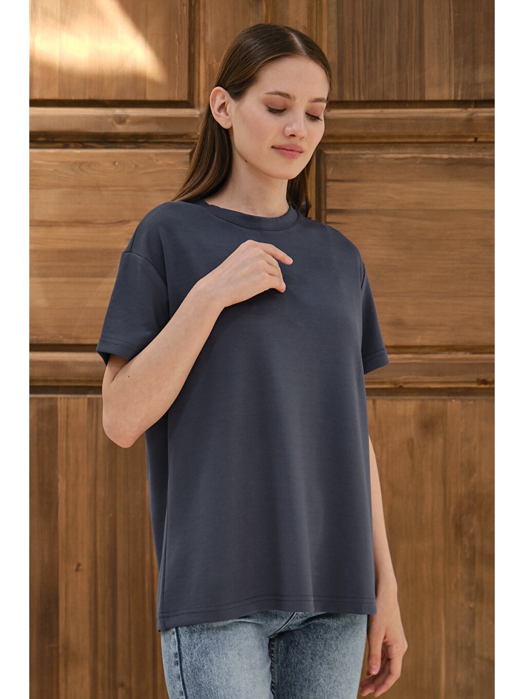 Gri Kadın Modal Kumaş Basic Oversize Tişört Bisiklet Yaka Günlük Salaş Tişört-2