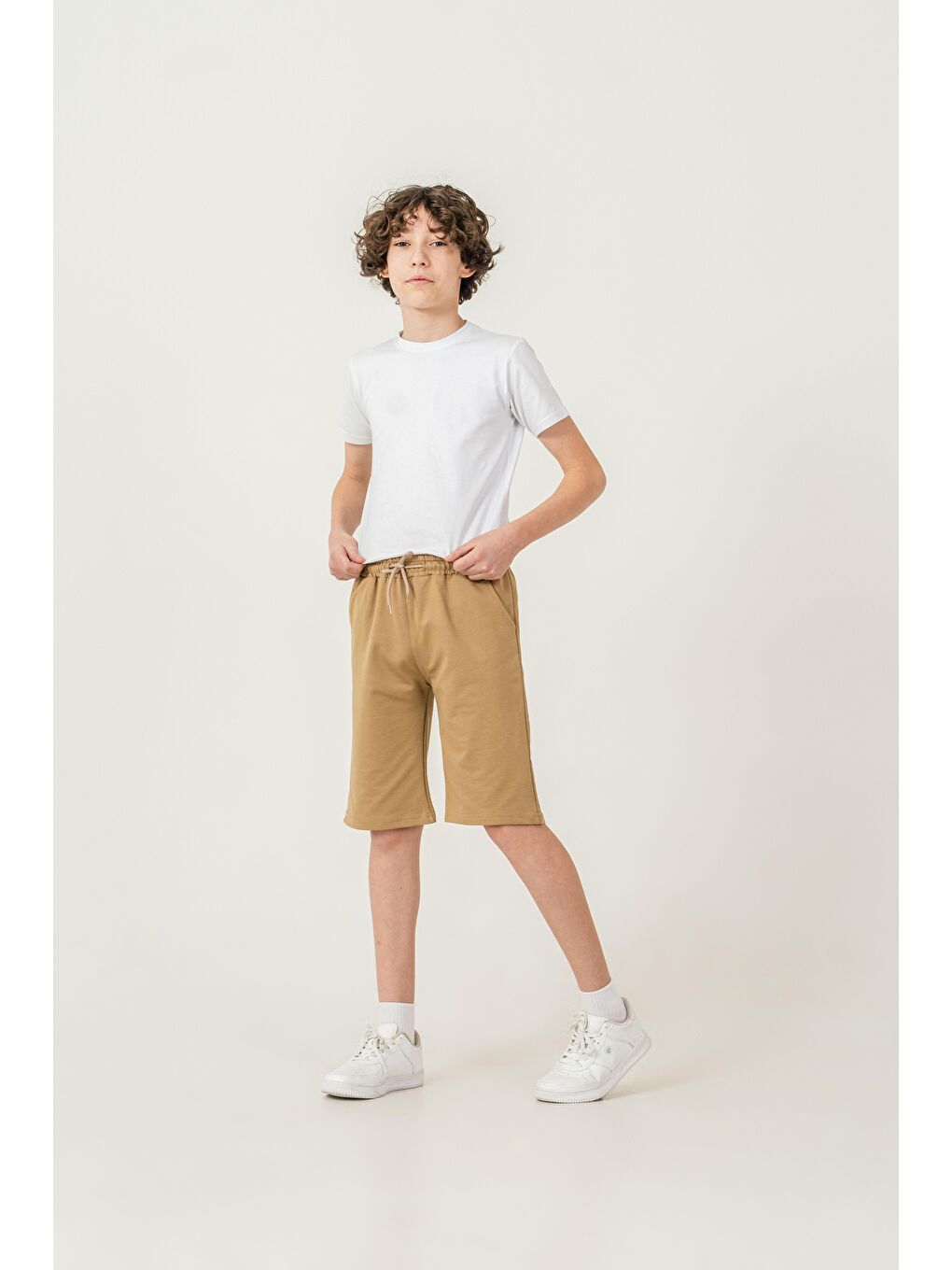 Kahverengi Düz Basic 2 İp Erkek Çocuk Şort-2