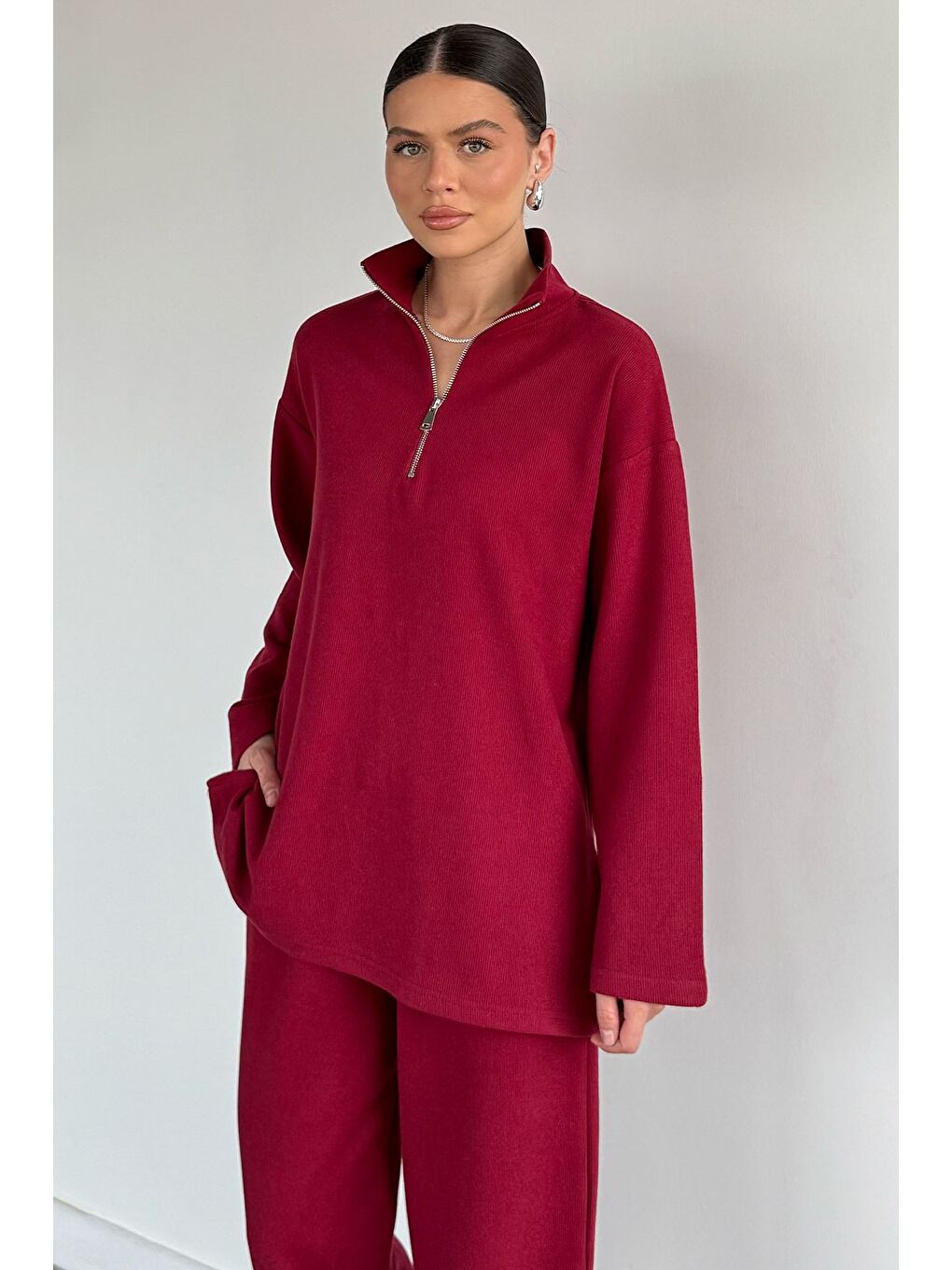 Bordo Kadın Polo Yaka Selanik Kumaş Sweat Bel Lastikli Pantolon İkili Takım-2