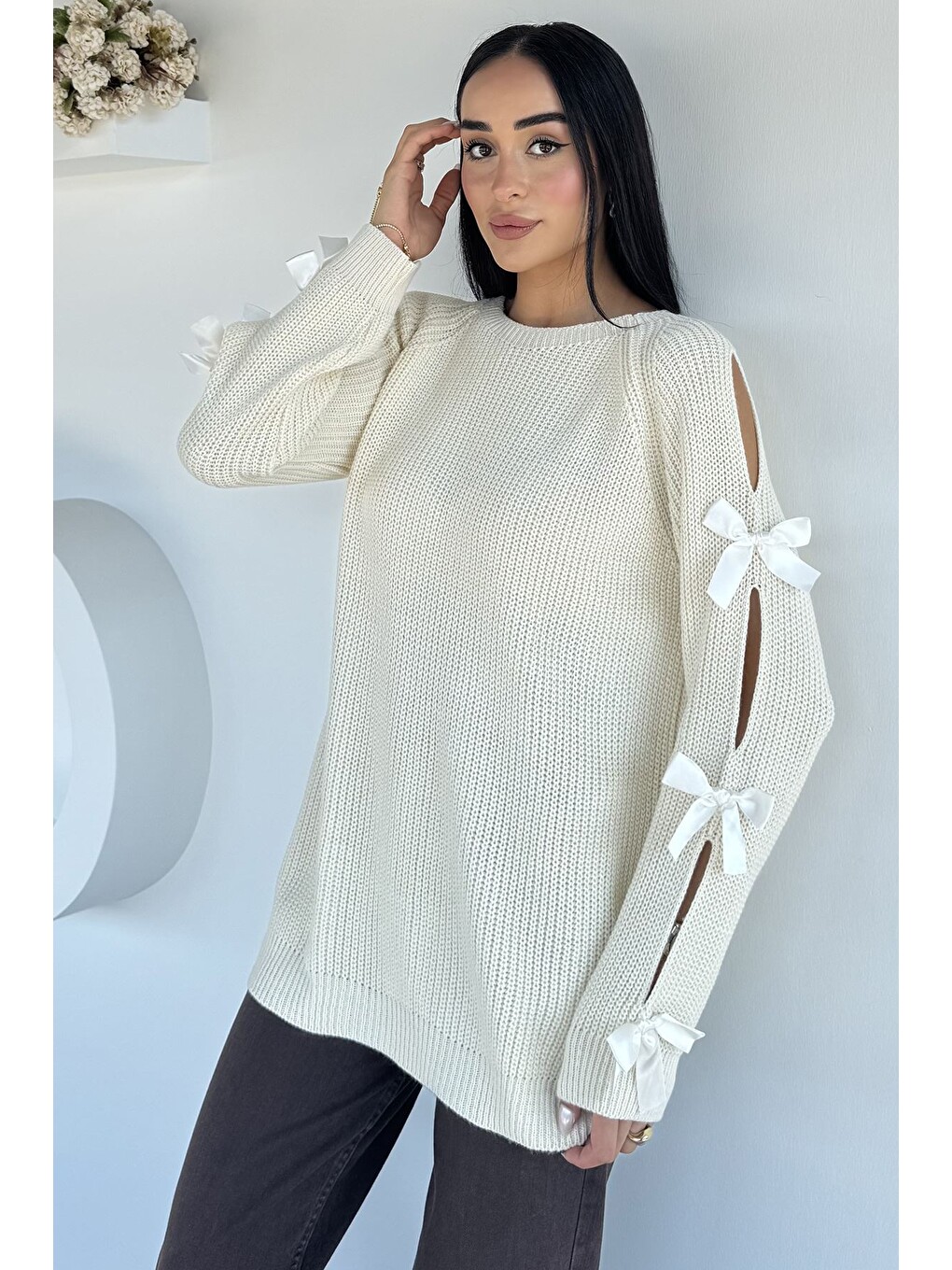 Bej Kadın Fiyonk Detaylı Triko Bluz-4
