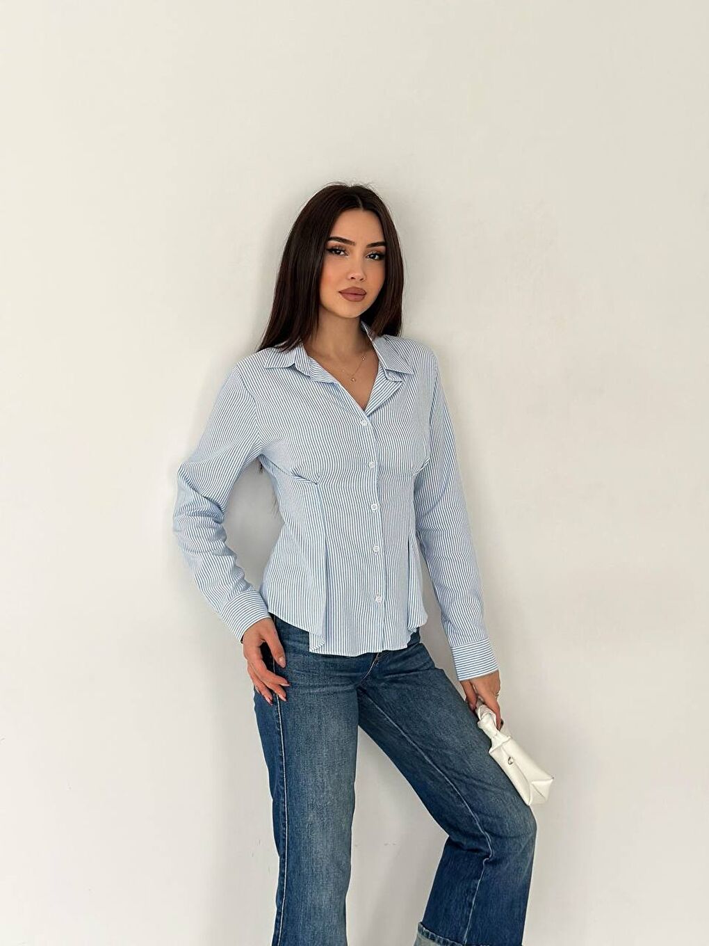 Mavi Slim Fit Düğmeli Pens Detay Çizgili Gömlek-3