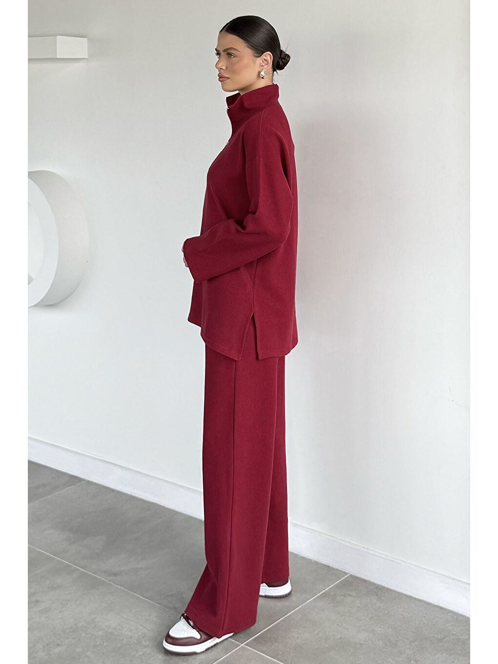 Bordo Kadın Polo Yaka Selanik Kumaş Sweat Bel Lastikli Pantolon İkili Takım-3