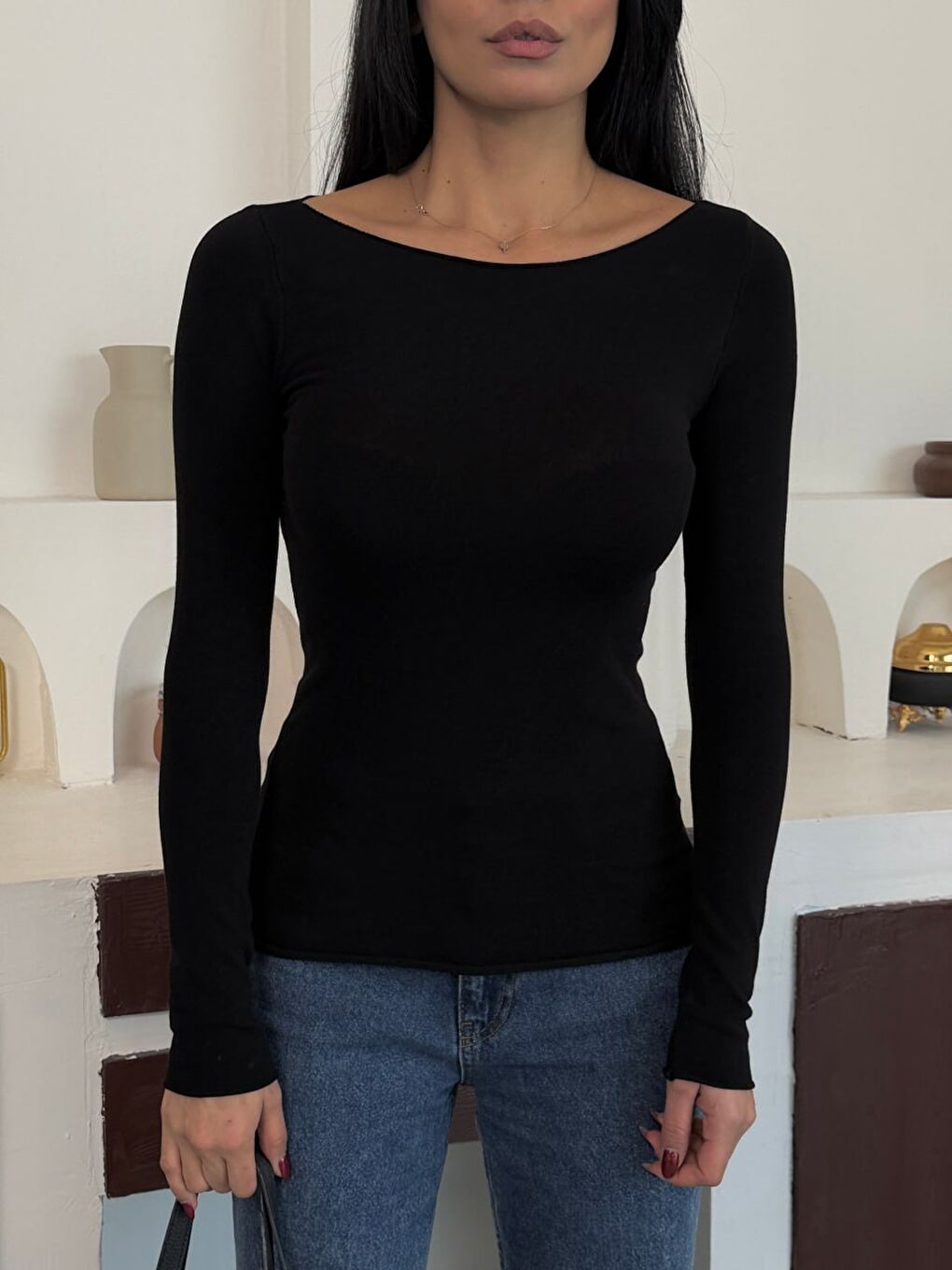Kadın Bisiklet Yaka Uzun Kollu Basic Bluz Siyah-2